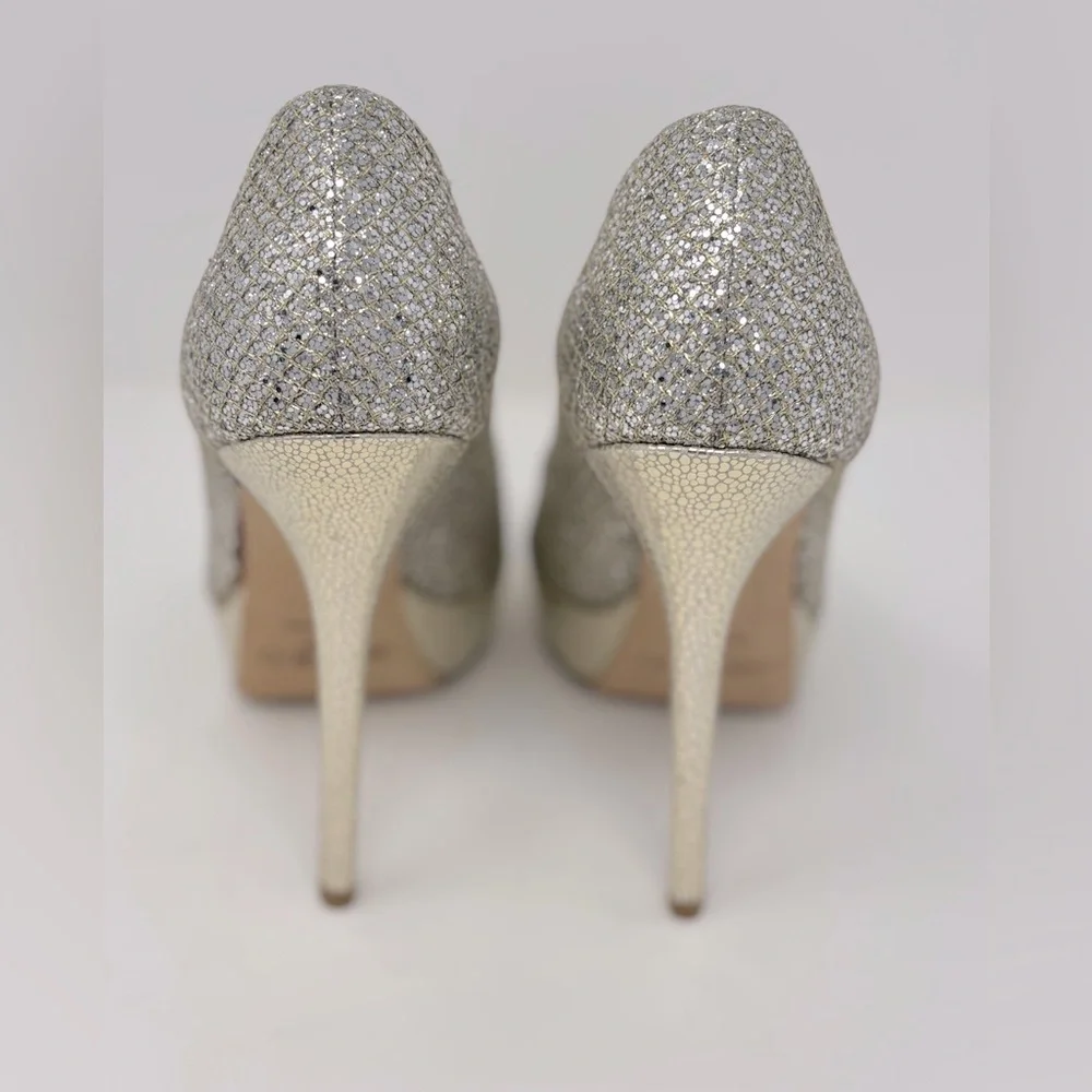Jimmy Choo Crown Glitter Fabric Champagne Peep Toe Pumps Heels Size 38 - Picture 5 of 12